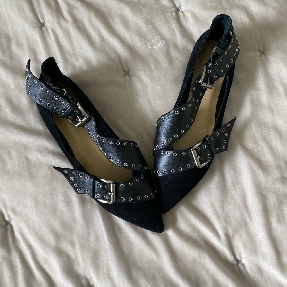 Isabel Marant Linzy grommet buckle black suede pointed toe flat 39 LIKE NEW